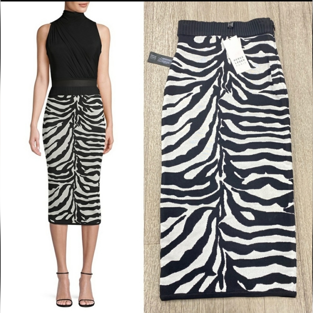 Herve Leger Knitted Zebra Print Pencil Skirt XS NWT